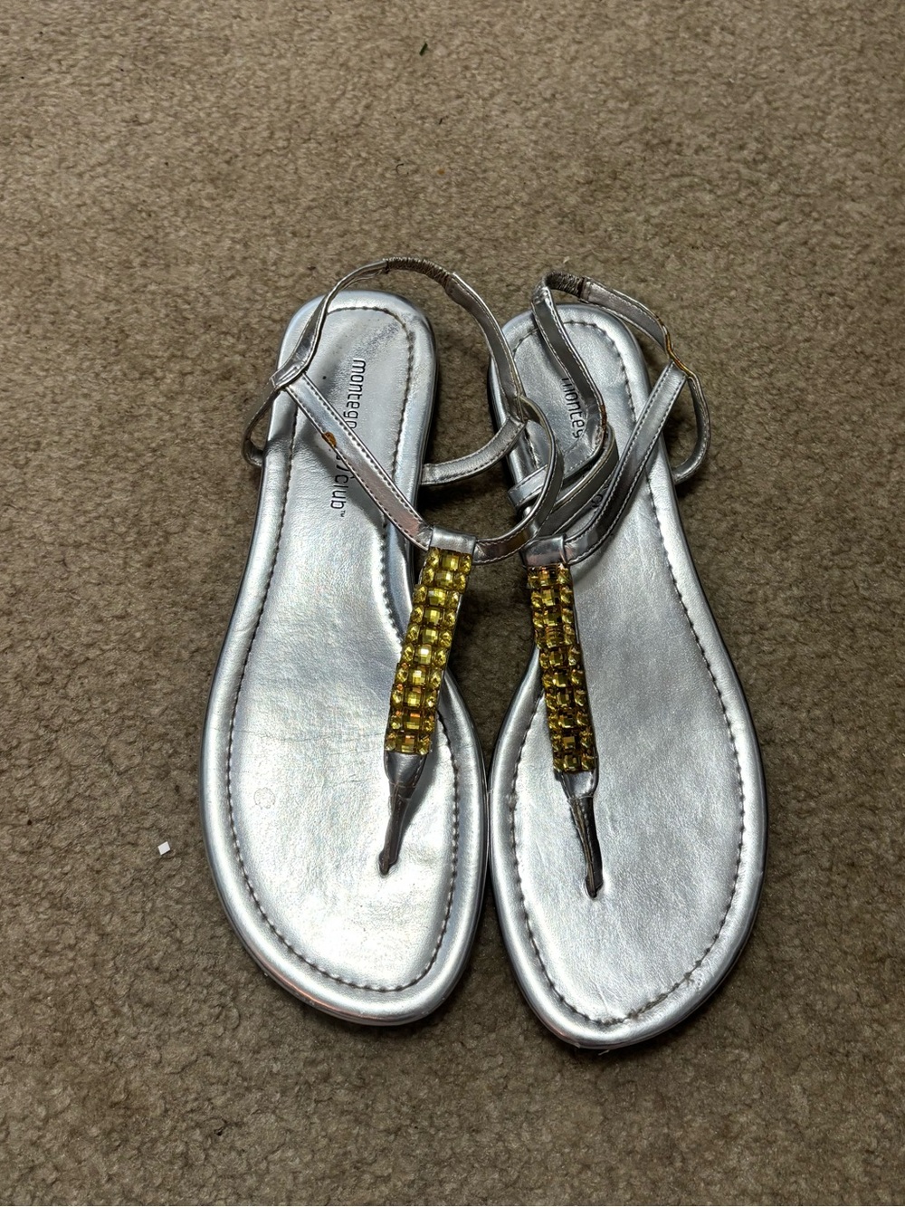 Montego Bay Club Silver T-Strap Sandals with Gold Beaded Accents